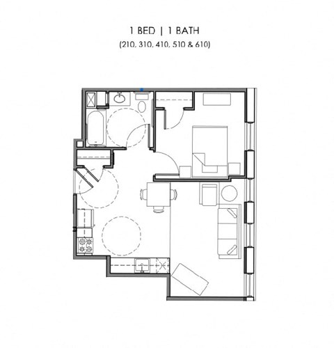 Floor plan for 1 bed, 1 bath, 496 sqft